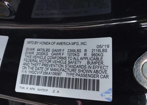 2019 Honda Accord Sport from USA, damaged, VIN 1HGCV1F35KA109087